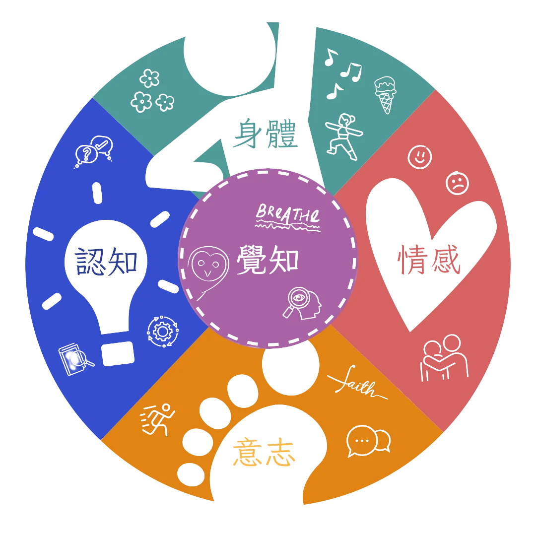 Mindfulness concept diagram showing body, cognition, awareness, emotion and intention